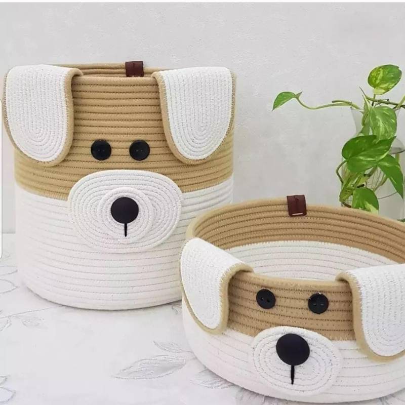 Cute Dog Design Storage Jute Basket (Set of 2)