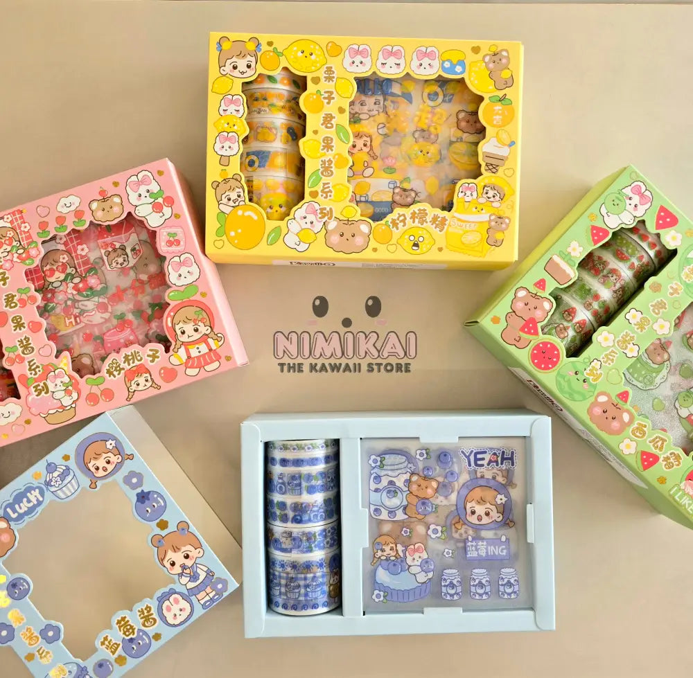 Kawaii Stickers And Washi Tape Box Set Blue Stationery